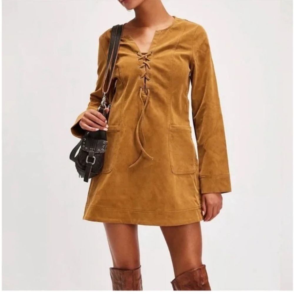 FREE PEOPLE Bradley Faux Suede Mini Dress in Tobacco - Size S NWT